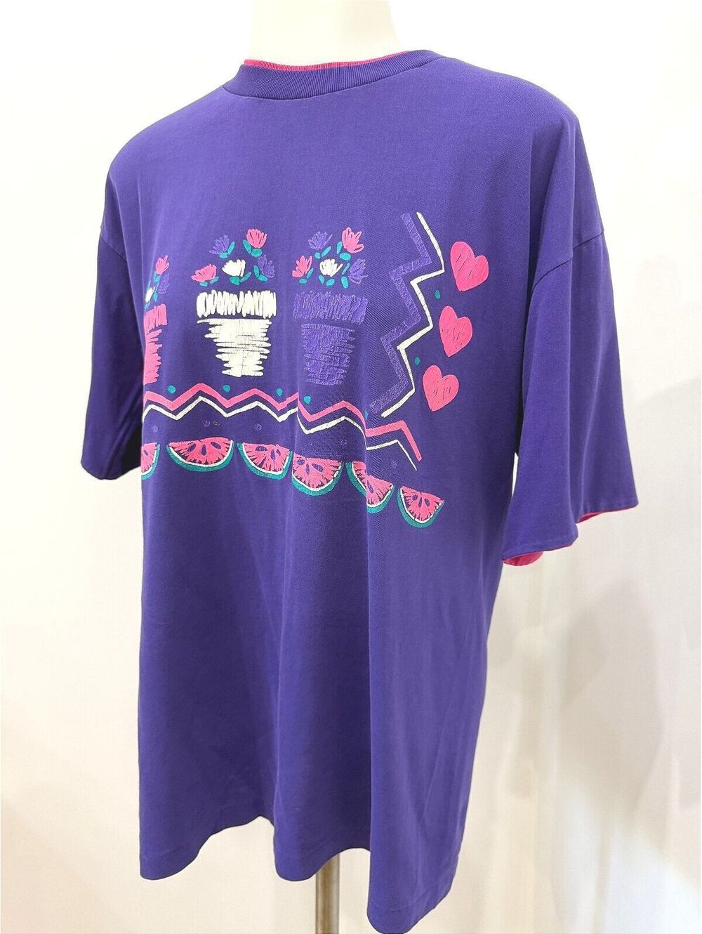 90s Granny Purple Graphic T-Shirt with Pink Trim and Floral Watermelon Design